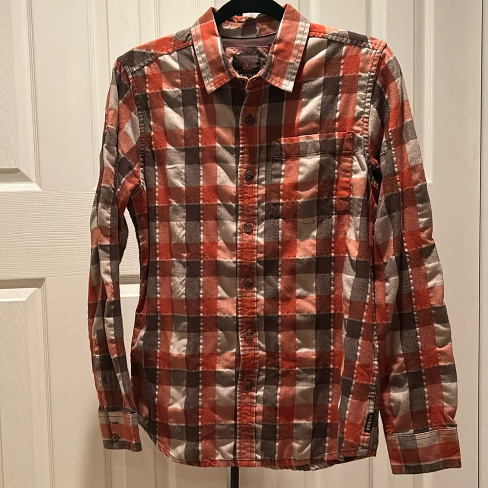 prAna Men’s Small orange/brown/tan plaid button down shirt.